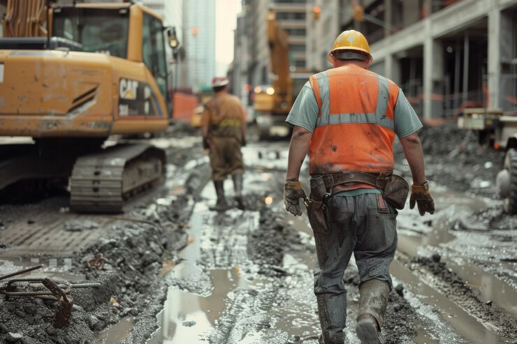 Man worker walking in muddy construction site after heavy rain